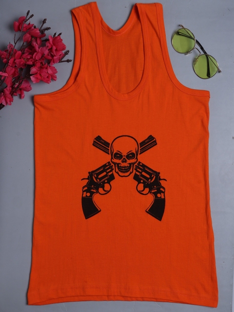 

Fleurt Men Orange Printed Cotton Gym Vest