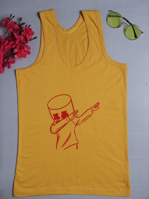 

Fleurt Men Yellow & Red Printed Pure Cotton Gym Vests