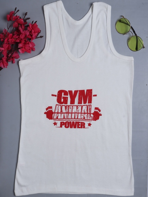 

Fleurt Men White Printed Pure Cotton Gym Vests
