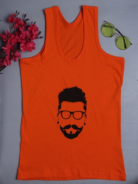 

Fleurt Men Orange Printed Pure Cotton Gym Innerwear Vests
