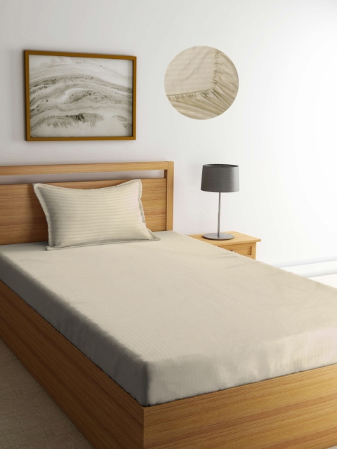 

KLOTTHE Unisex Beige 300 TC Cotton Blend Fitted Single Bedsheet with Pillow Cover