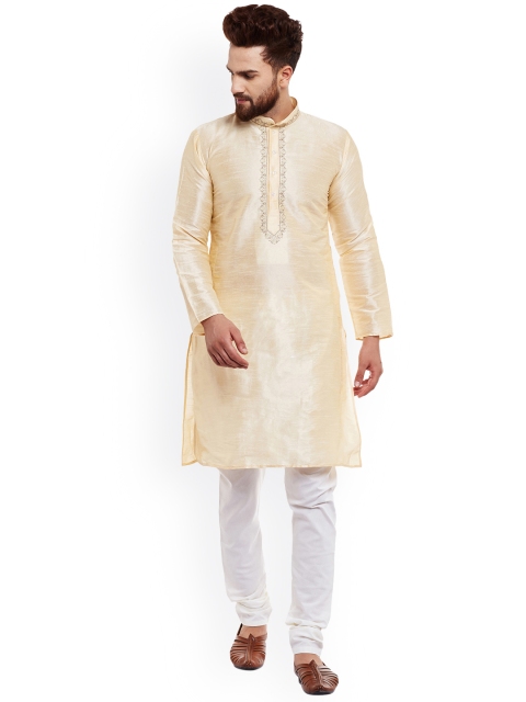 

SOJANYA Men Beige & White Embroidered Kurta with Churidar
