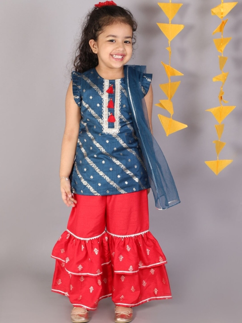

LIL DRAMA Girls Blue Floral Kurta with Sharara & With Dupatta