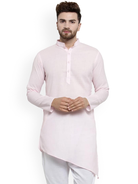 

TREEMODA Men Pink Mandarin Collar Long Sleeves Asymmetric Hem Linen Kurta