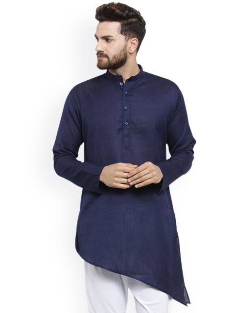 

TREEMODA Men Navy Blue Solid Straight Linen Kurta