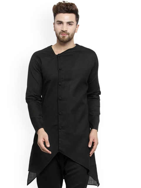 

TREEMODA Men Black Solid Linen Straight Kurta