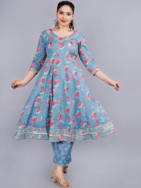 

EtnicaWear Women Blue Floral Embroidered Empire Pure Cotton Kurta with Trousers & With Dupatta