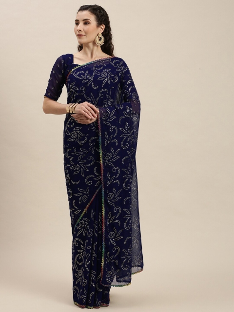 

Amrutam Fab Blue & Silver-Toned Floral Beads and Stones Pure Georgette Saree