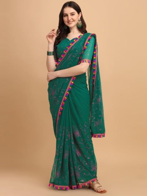 

Amrutam Fab Olive Green & Pink Floral Beads and Stones Pure Georgette Saree