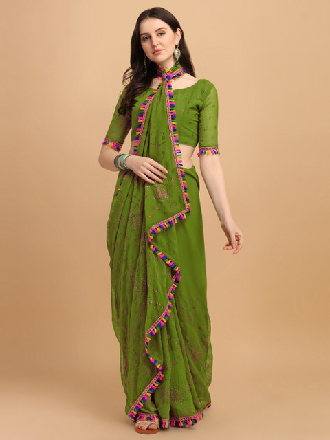

Amrutam Fab Green Embellished Beads and Stones Pure Georgette Saree