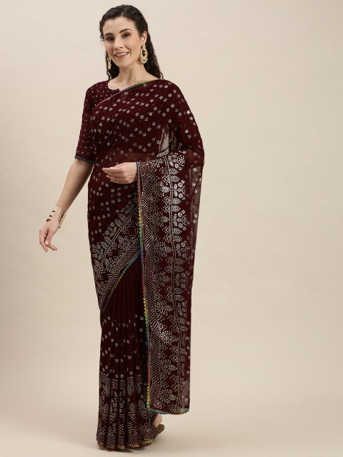 

Amrutam Fab Brown Embellished Embroidered Pure Georgette Saree