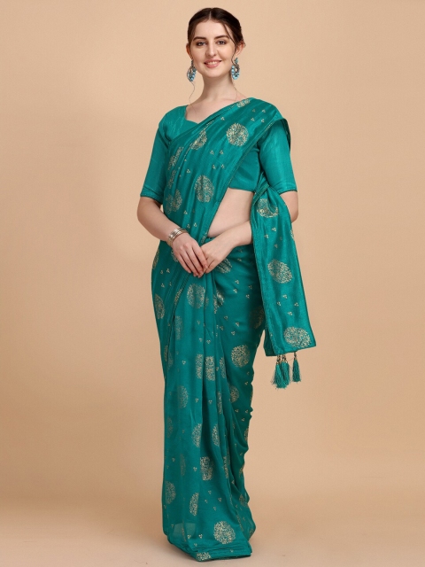 

Amrutam Fab Teal Floral Sequinned Silk Blend Saree