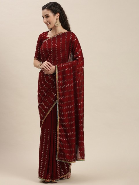 

Amrutam Fab Red Embellished Beads and Stones Silk Blend Saree