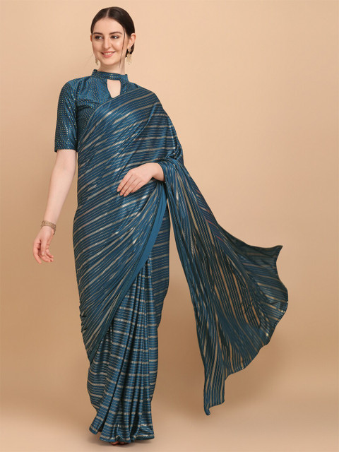 

Amrutam Fab Blue & Gold-Toned Striped Art Silk Saree