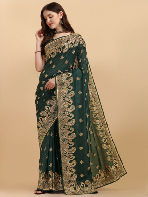 

Amrutam Fab Olive Green & Gold-Toned Ethnic Motifs Embroidered Art Silk Saree