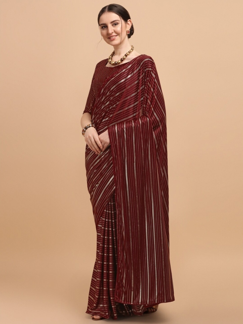 

Amrutam Fab Maroon & Gold-Toned Striped Art Silk Saree