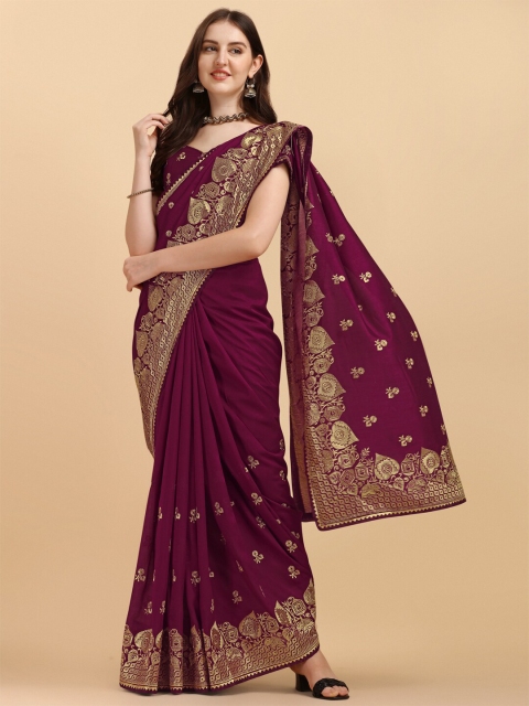 

Amrutam Fab Purple & Gold-Toned Floral Embroidered Art Silk Saree
