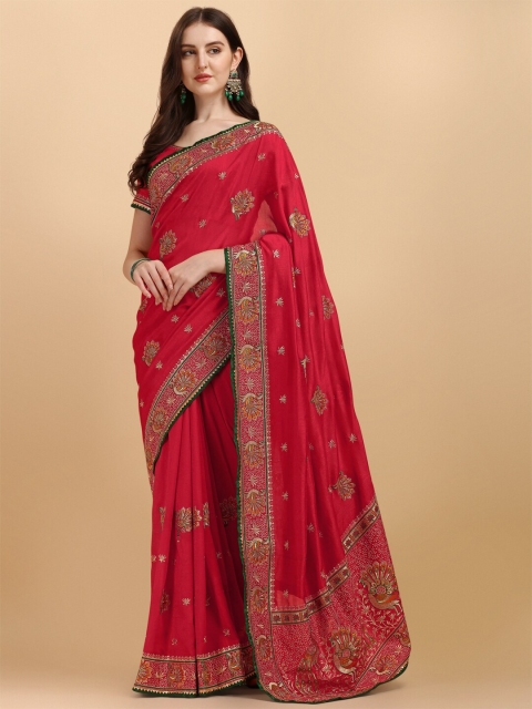 

Amrutam Fab Red & Gold-Toned Ethnic Motifs Embroidered Art Silk Saree