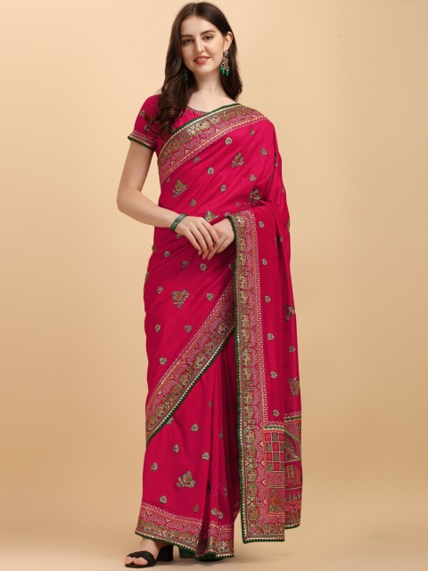 

Amrutam Fab Pink & Green Ethnic Motifs Embroidered Art Silk Saree