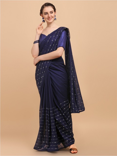 

Amrutam Fab Navy Blue & Silver-Toned Ethnic Motifs Silk Cotton Saree
