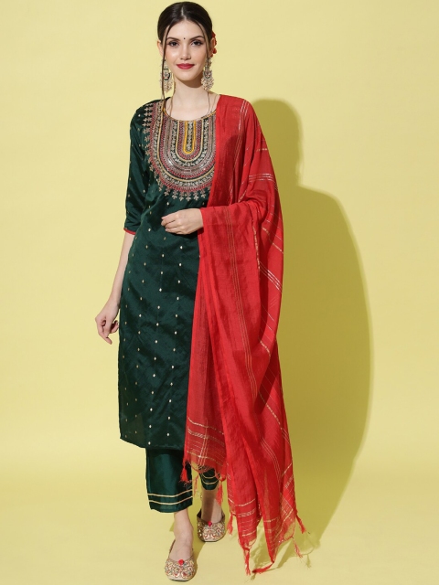 

VredeVogel Women Green Embroidered Kurta with Trousers & With Dupatta