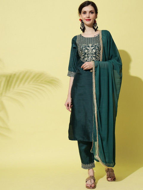 

VredeVogel Women Green Ethnic Motifs Embroidered Kurta with Trouser