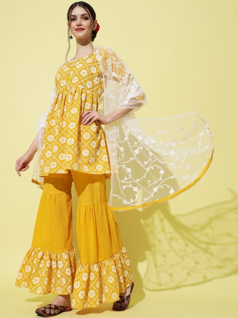 

VredeVogel Women Mustard Yellow Ethnic Motifs Printed Kurta with Sharara & With Dupatta