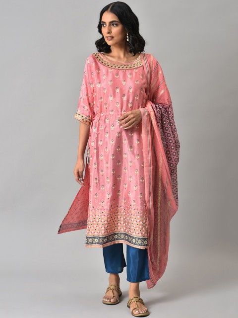 

AURELIA Women Pink Ethnic Motifs Printed Thread Work Kurta with Trousers & With Dupatta