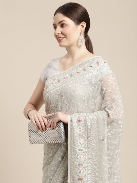 

MOHEY Grey Floral Embroidered Heavy Work Saree