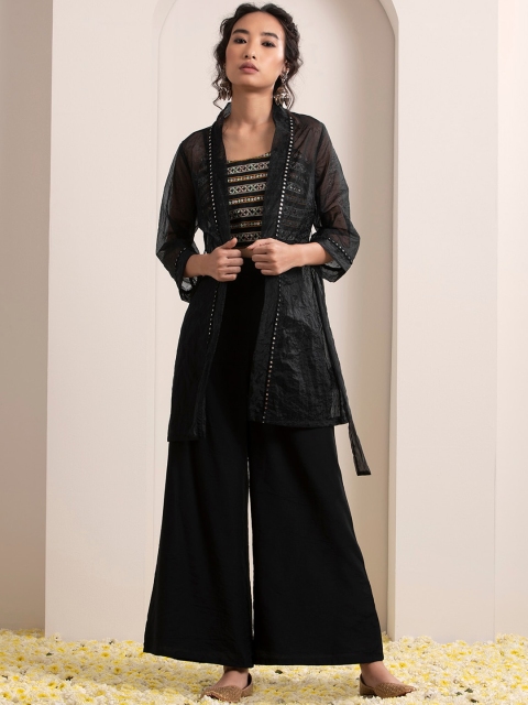 

INDYA Women Black Ethnic Motifs Embroidered Sequinned Top with Palazzo With Jacket