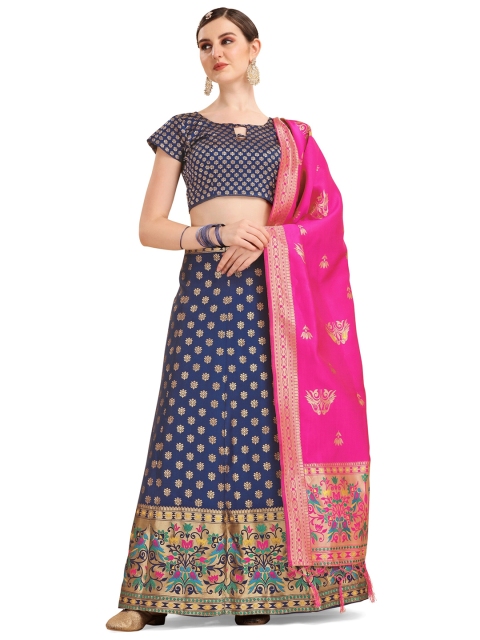 

Vaidehi Fashion Blue & Pink Banarasi Silk Semi-Stitched Lehenga Choli
