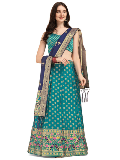 

Vaidehi Fashion Sea Green & Navy Blue Banarasi Silk Semi-Stitched Lehenga Choli