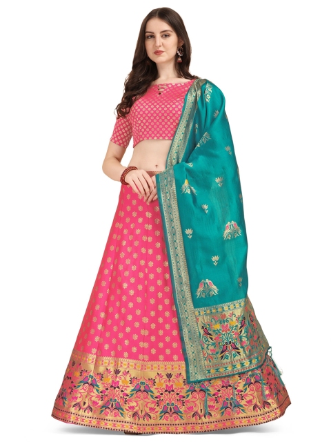 

Vaidehi Fashion Pink & Green Banarasi Silk Semi-Stitched Lehenga Choli