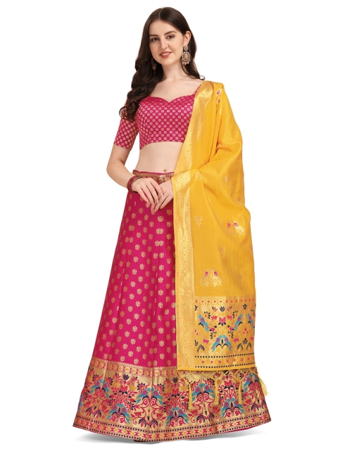 

Vaidehi Fashion Pink & Yellow Banarasi Silk Semi-Stitched Lehenga Choli