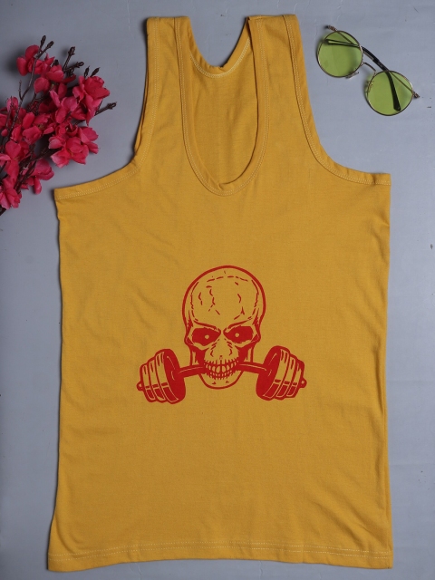

Fleurt Men Yellow Printed Pure Cotton Gym Innerwear Vests