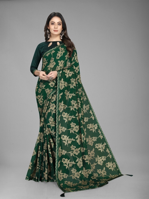 

Mitera Green & Beige Floral Printed Georgette Saree