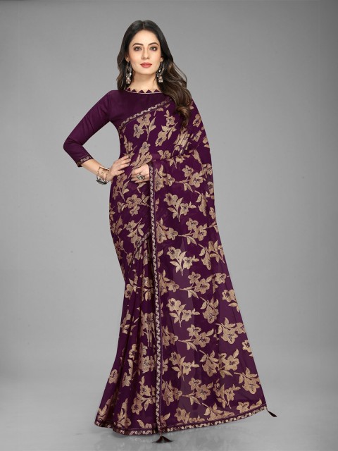 

Mitera Purple & Beige Floral Printed Georgette Saree
