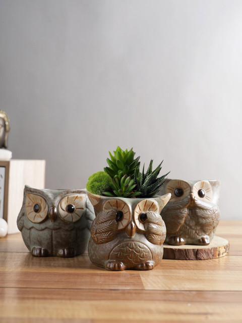 

TAYHAA Set Of 3 Owl Design Ceramic Pot, Grey