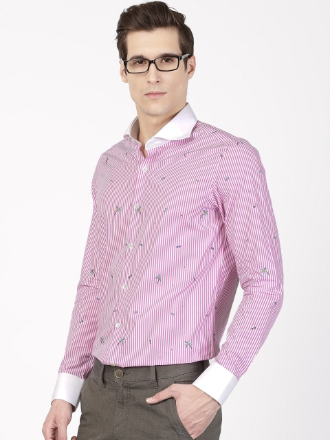 

SIMON CARTER LONDON Men Pink Striped Beach Motifs Jacquard Slim Formal Shirt