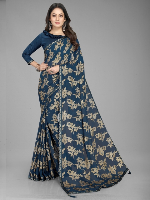 

Grubstaker Blue & Gold-Toned Floral Pure Georgette Saree