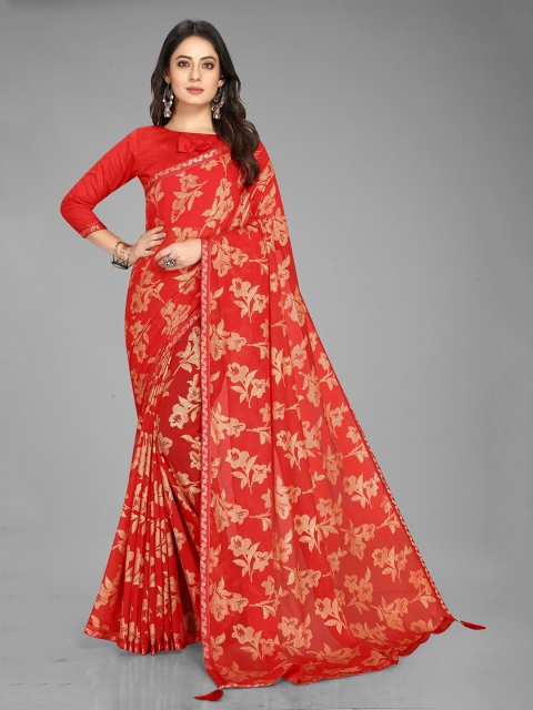 

Grubstaker Red & Gold-Toned Floral Pure Georgette Saree