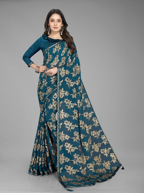 

Grubstaker Green & Gold-Toned Floral Pure Georgette Saree