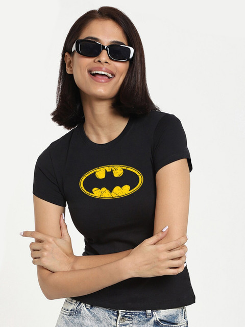 

Bewakoof Women Black Batman Printed Slim Fit Cotton T-shirt