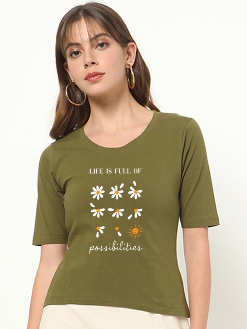 

Bewakoof Women Olive Green Printed T-shirt