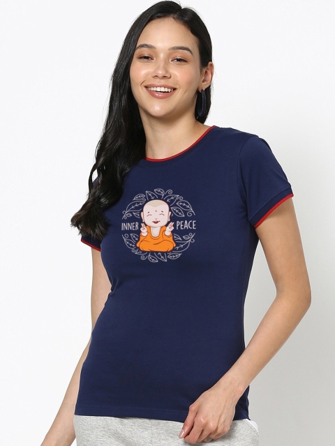 

Bewakoof Women Blue Printed Cotton T-shirt