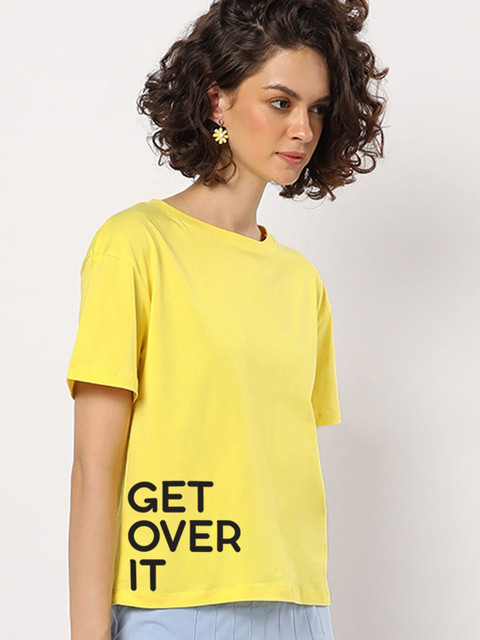 

Bewakoof Women Yellow Typography Printed Drop-Shoulder Sleeves Cotton T-shirt