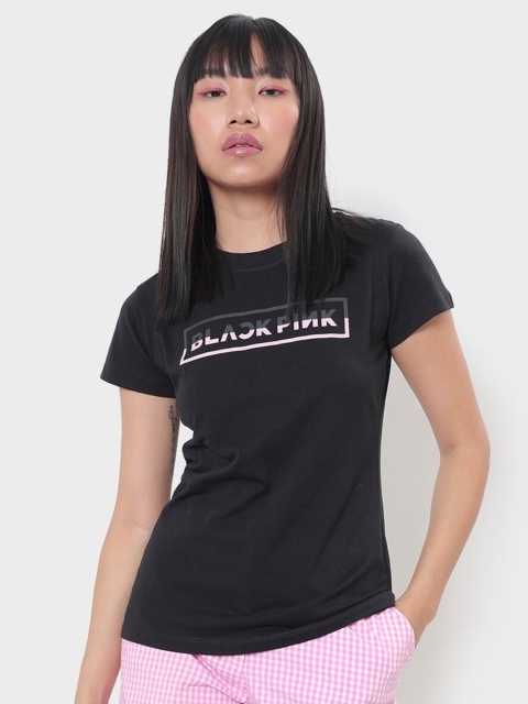 

Bewakoof Women Black Typography Printed Cotton T-shirt