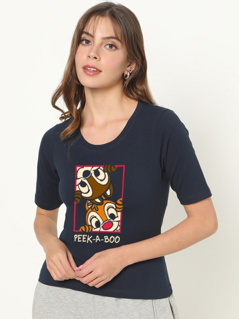 

Bewakoof Women Blue Printed Cotton T-shirt