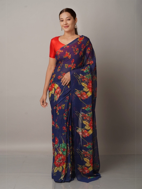 

Unnati Silks Blue & Red Floral Block Print Saree