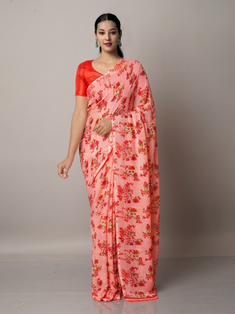 

Unnati Silks Pink & Red Floral Block Print Saree